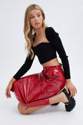 Red Midi Skirt High Rise Pencil Pu Patent