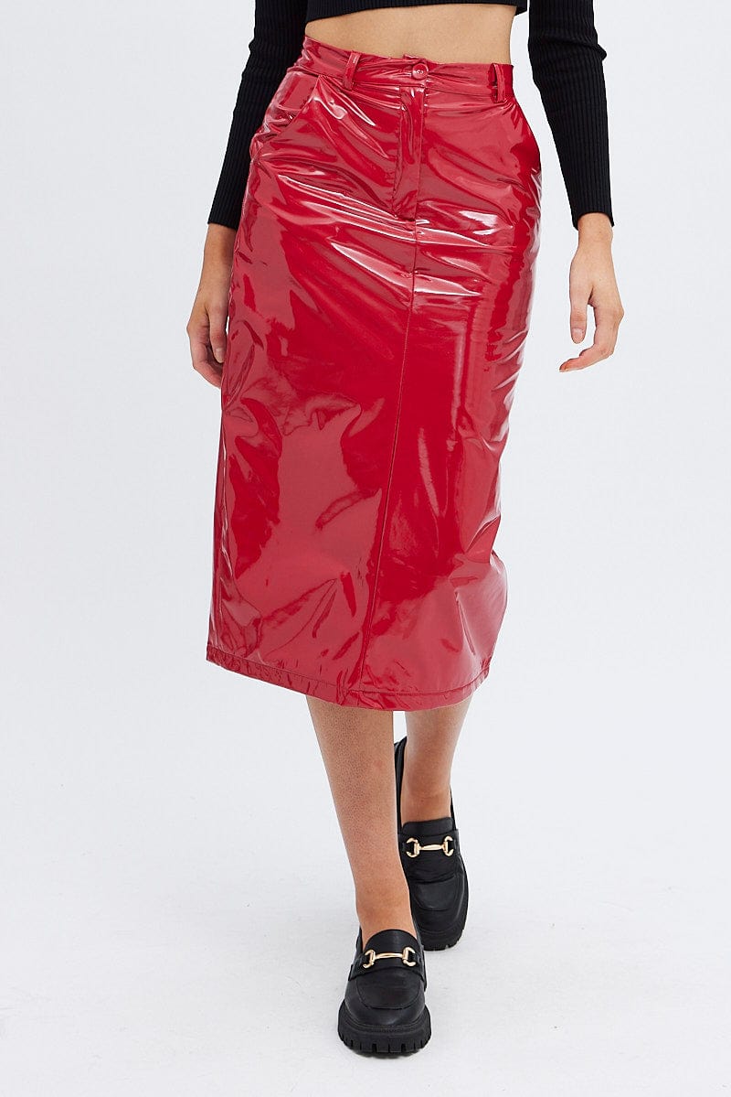 Red Midi Skirt High Rise Pencil Pu Patent