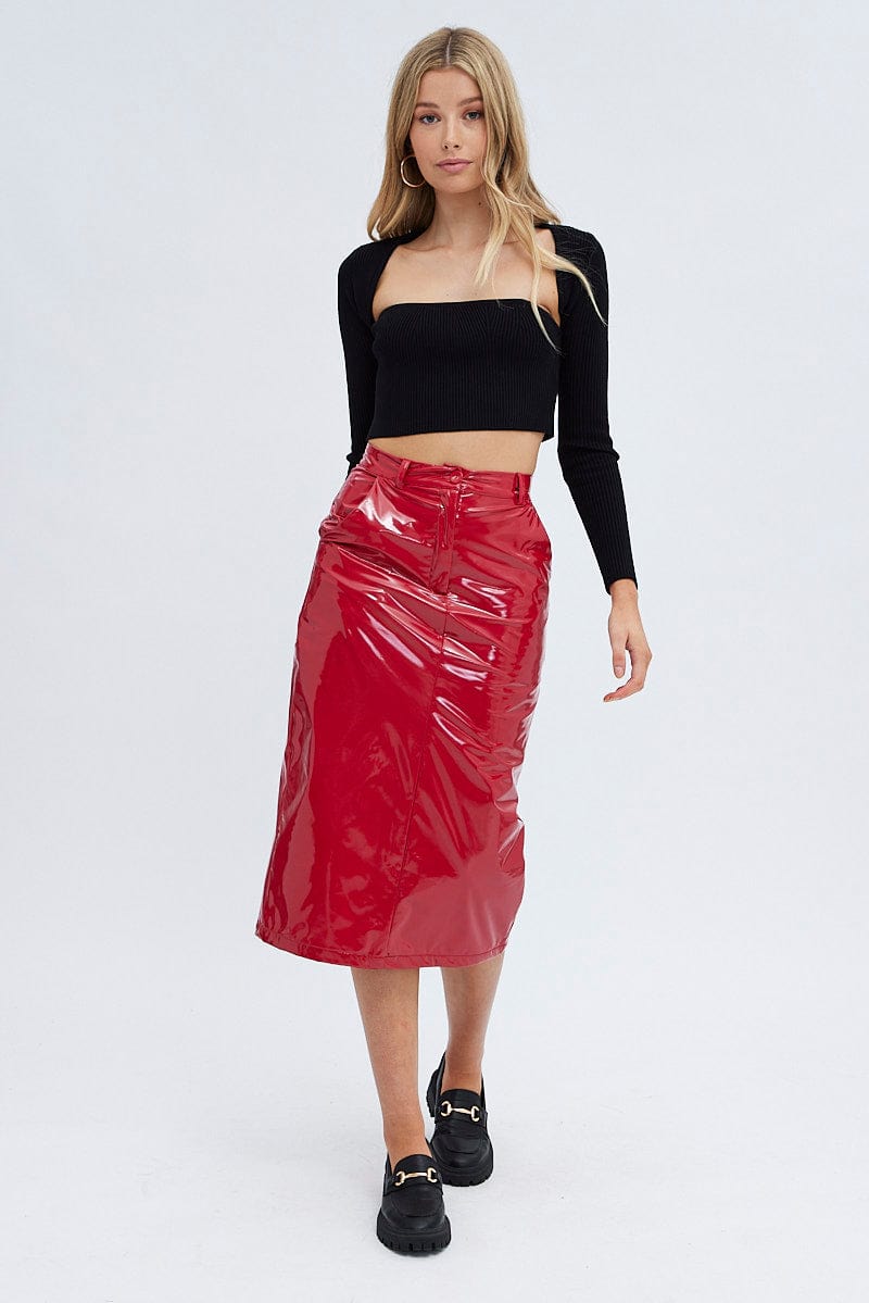 Red Midi Skirt High Rise Pencil Pu Patent