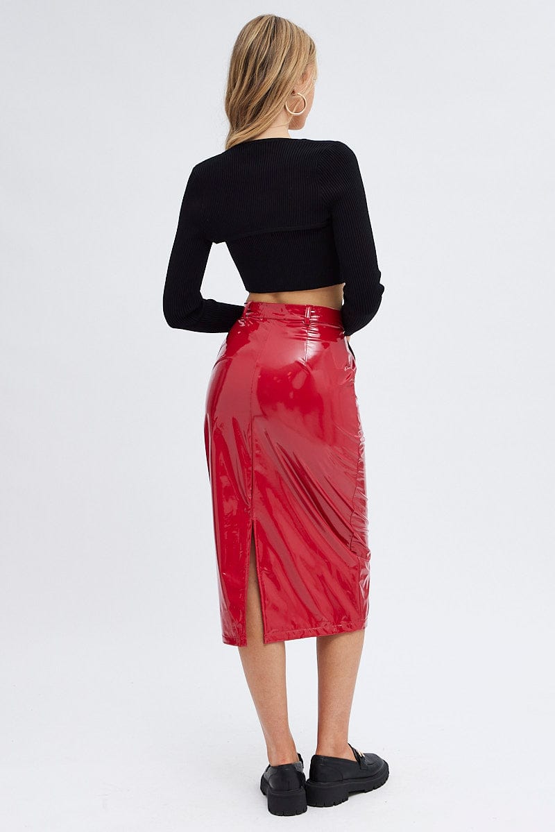 Red Midi Skirt High Rise Pencil Pu Patent