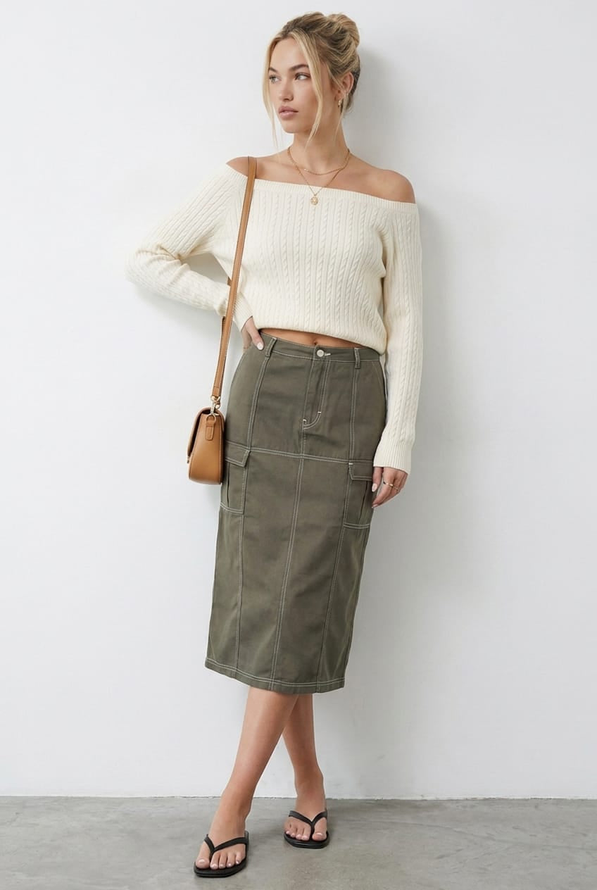 Grey Cargo Skirt Mid Rise Contrast Utility