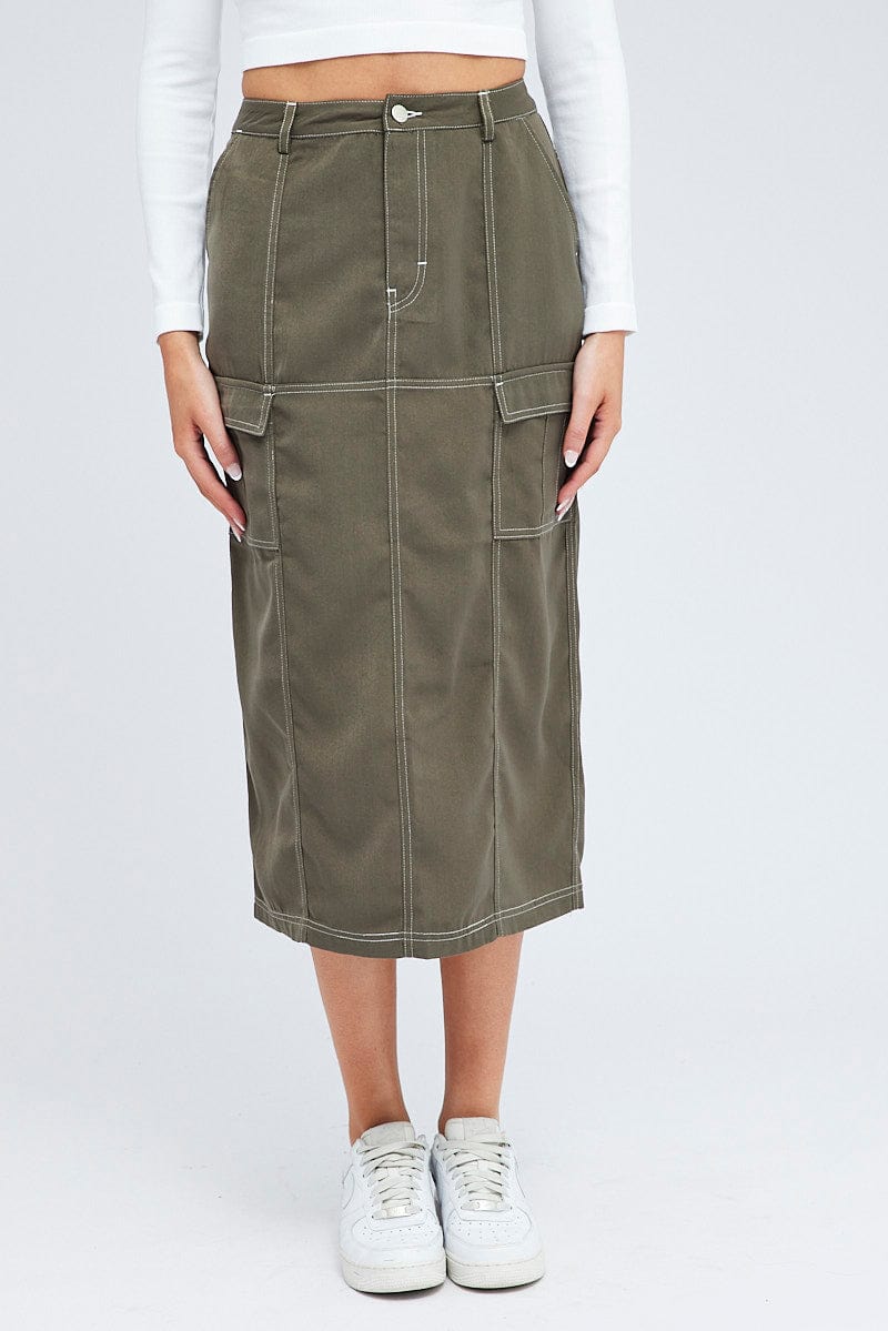 Grey Cargo Skirt Mid Rise Contrast Utility