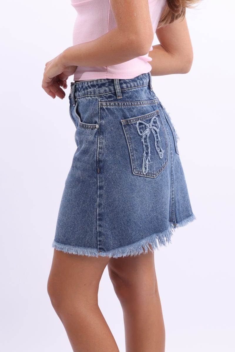 Denim Mini Skirt Mid Rise Relaxed Fit Bow