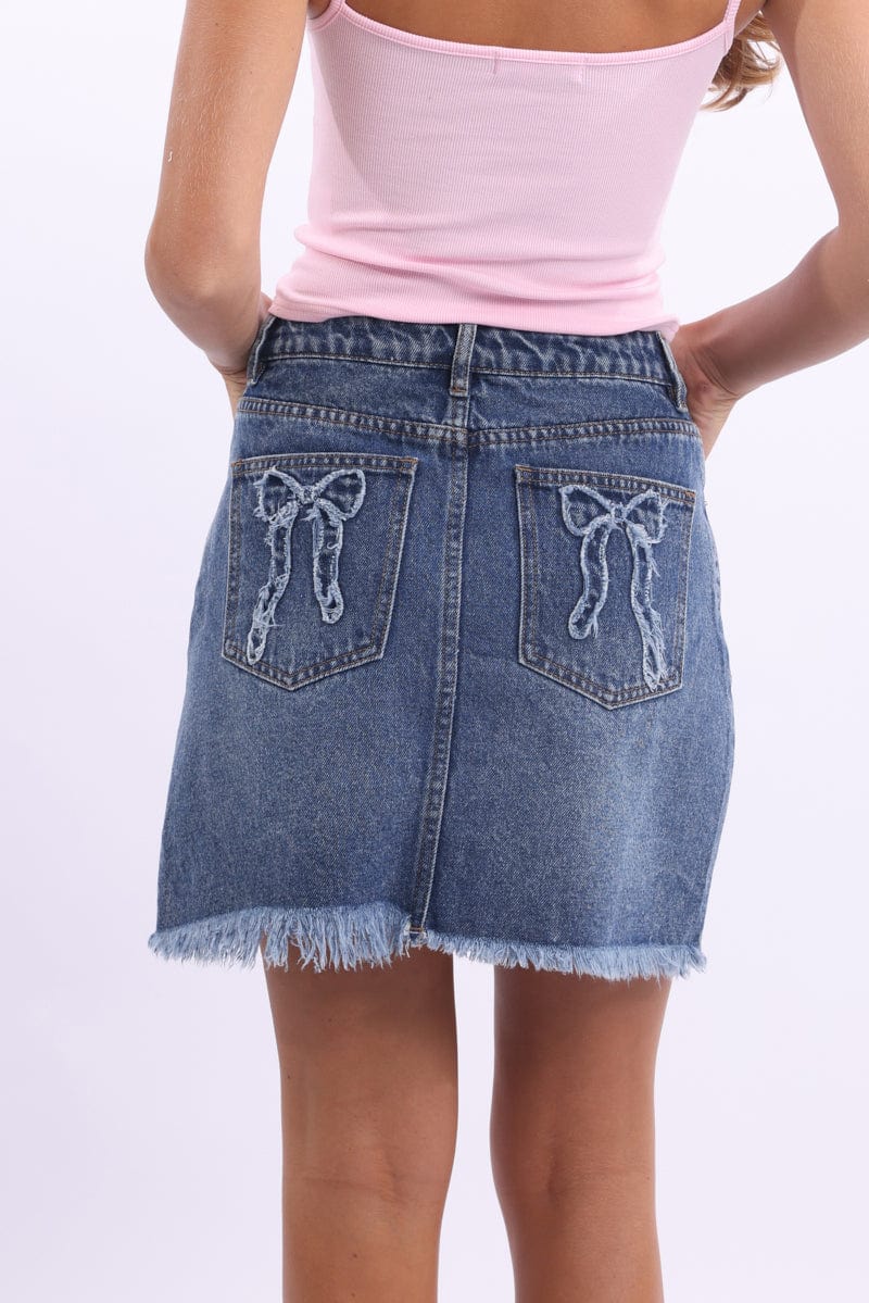 Denim Mini Skirt Mid Rise Relaxed Fit Bow