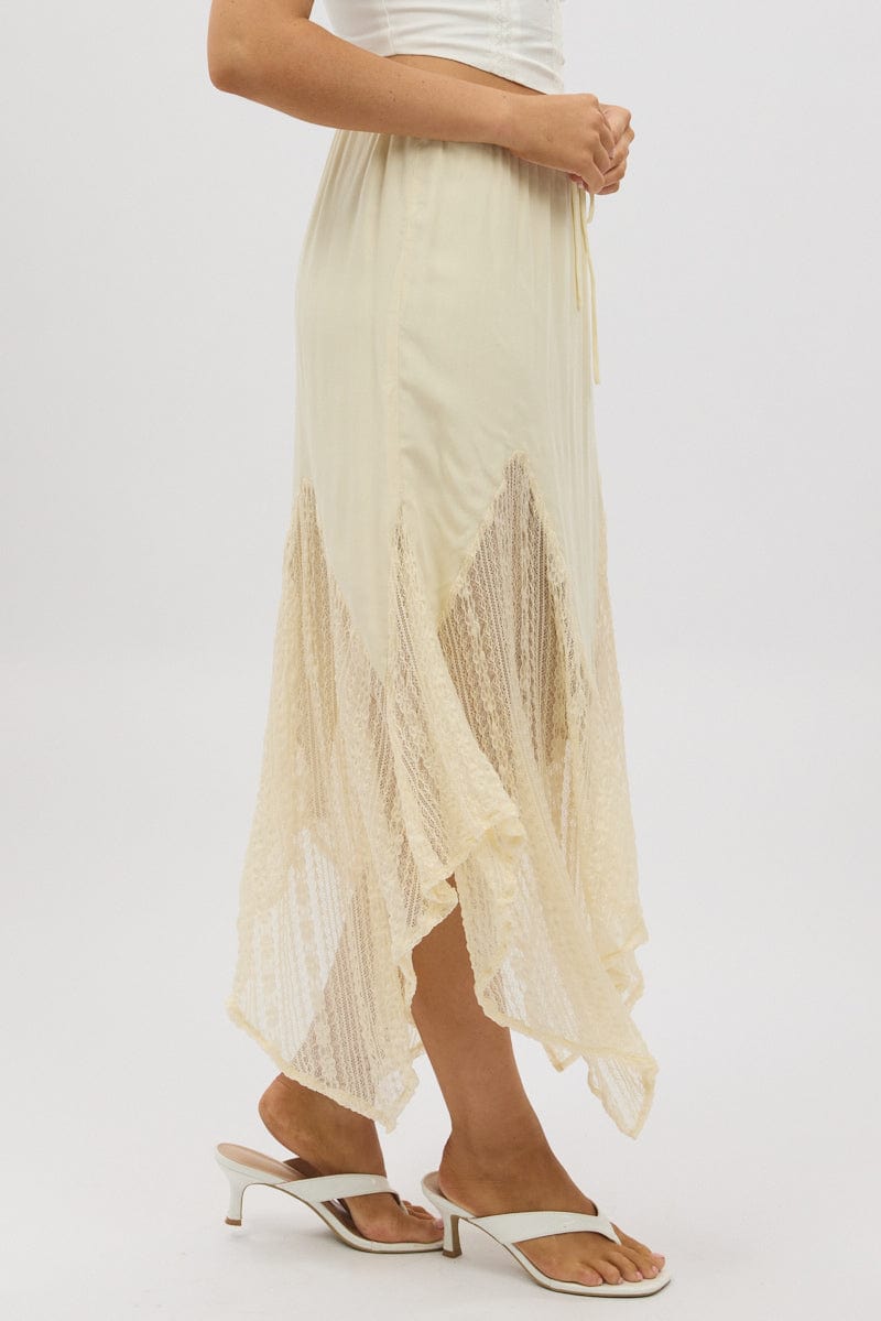 White Lace Elastic Waist Scarf Hem Maxi Skirt