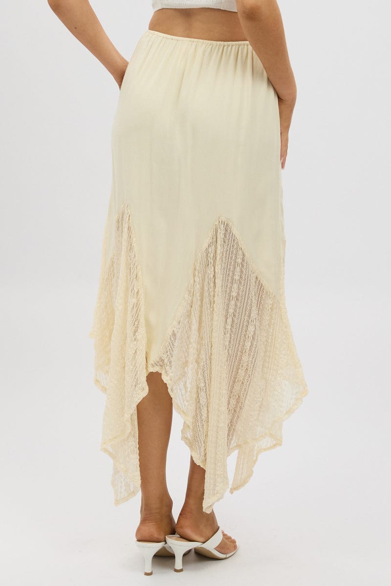 White Lace Elastic Waist Scarf Hem Maxi Skirt