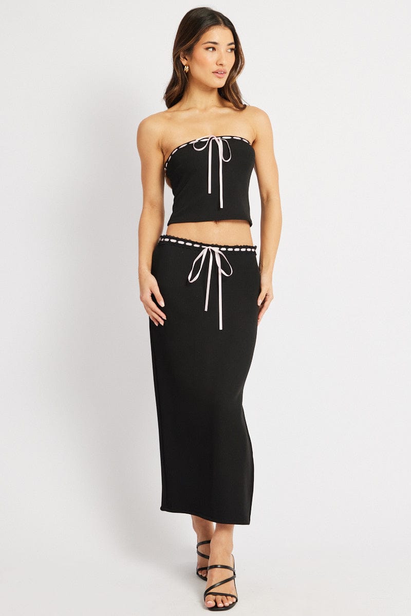 Black Midi Skirt High Rise Lace Rib Jersey