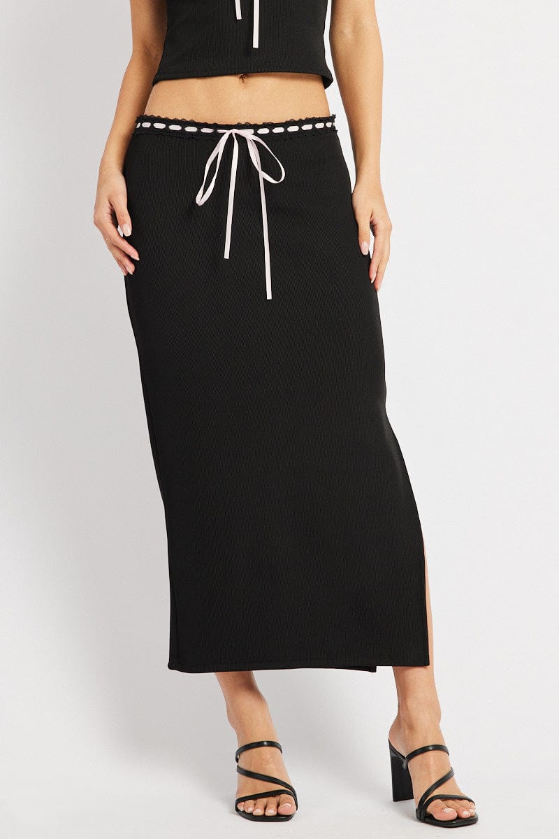 Black Midi Skirt High Rise Lace Rib Jersey