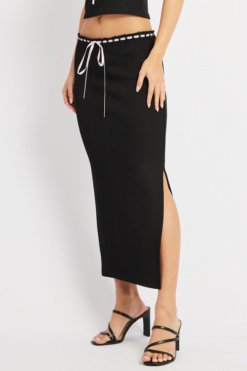 Black Midi Skirt High Rise Lace Rib Jersey