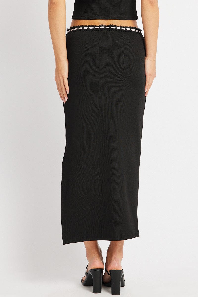 Black Midi Skirt High Rise Lace Rib Jersey