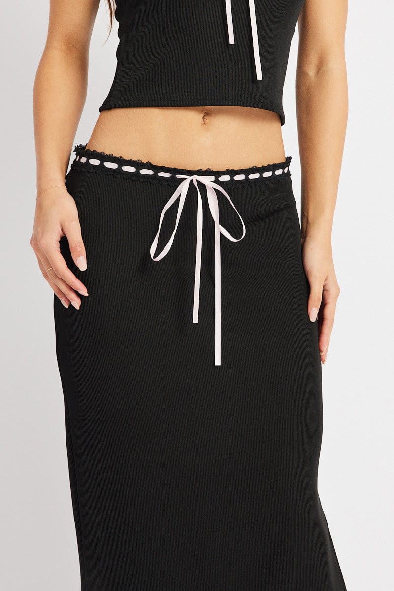 Black Midi Skirt High Rise Lace Rib Jersey