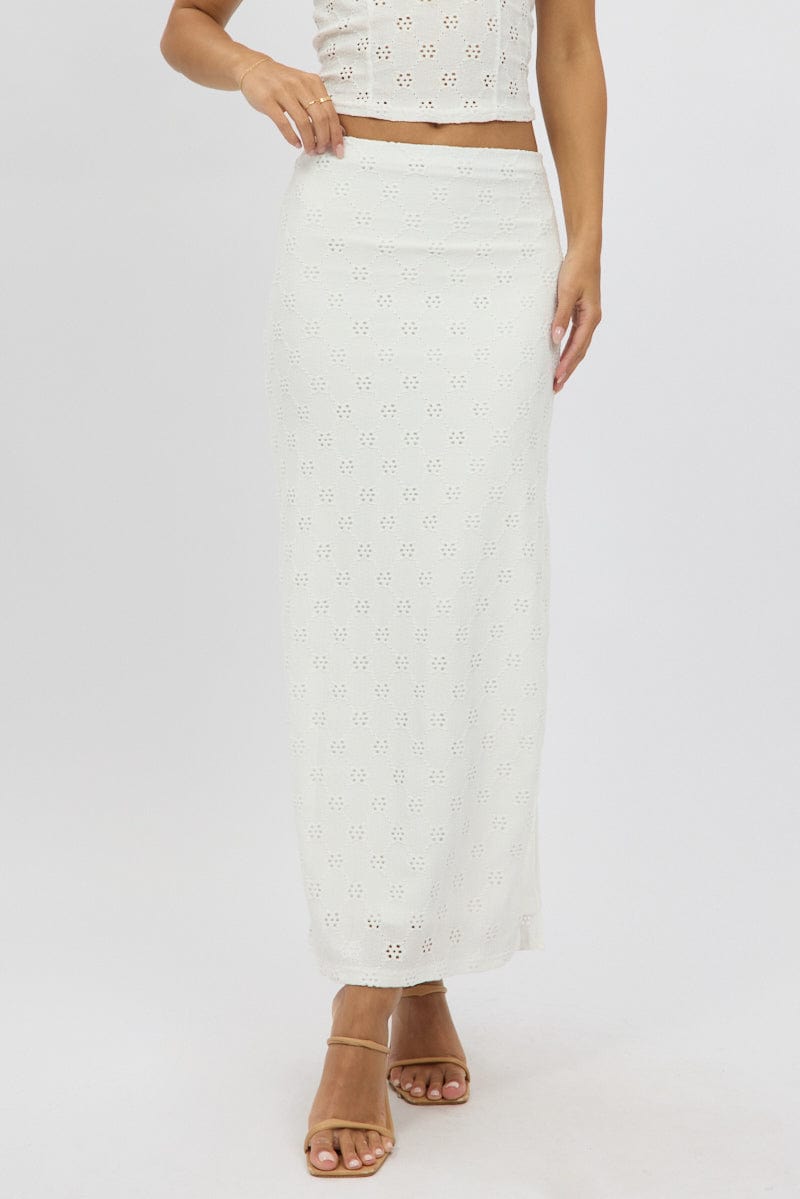 White Midaxi Skirt High Rise Stretch Eyelet