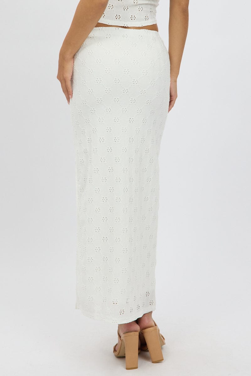 White Midaxi Skirt High Rise Stretch Eyelet