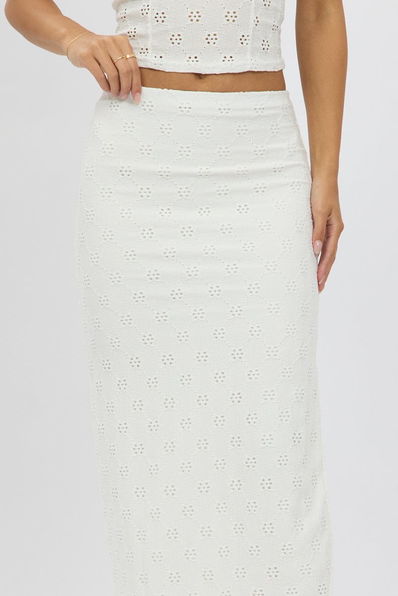 White Midaxi Skirt High Rise Stretch Eyelet