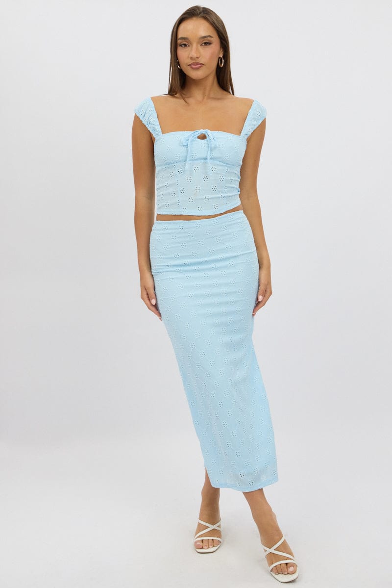 Blue Midaxi Skirt High Rise Stretch Eyelet