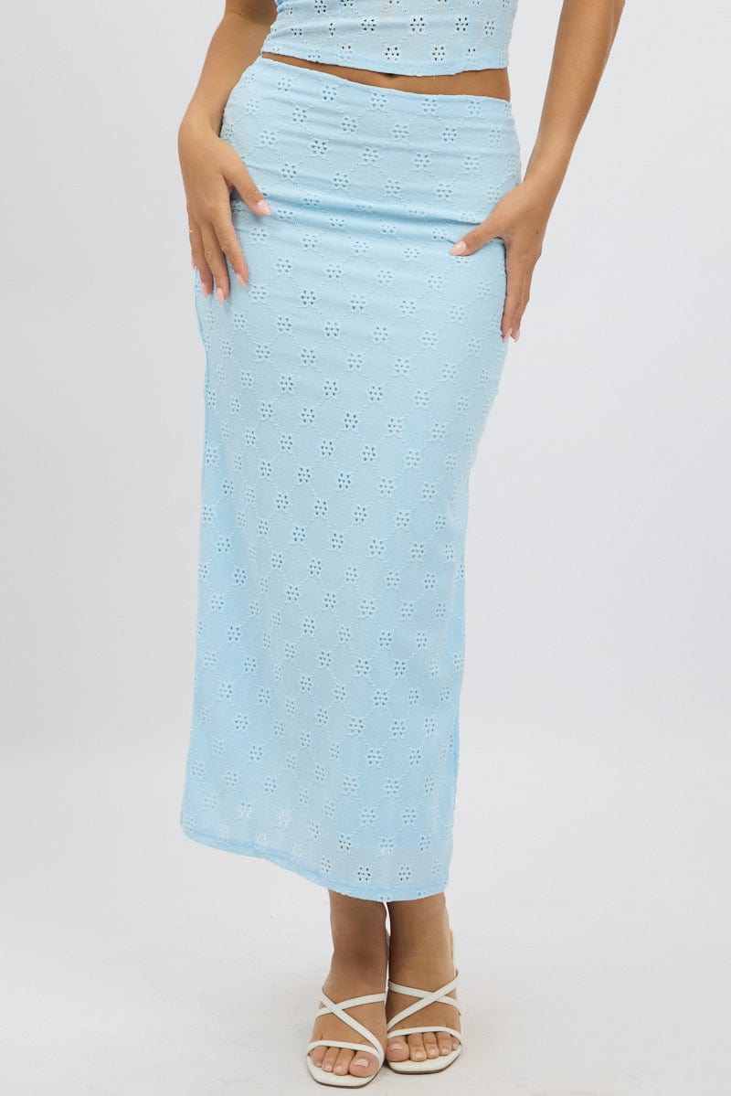 Blue Midaxi Skirt High Rise Stretch Eyelet