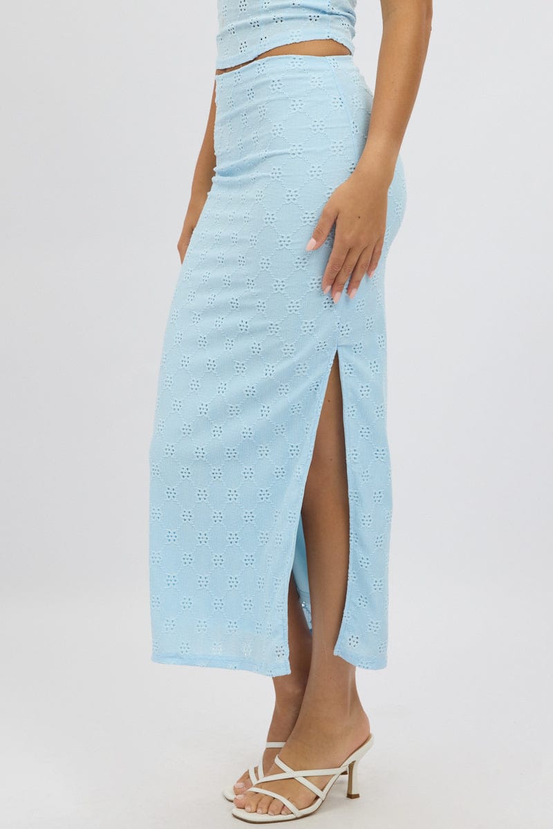 Blue Midaxi Skirt High Rise Stretch Eyelet