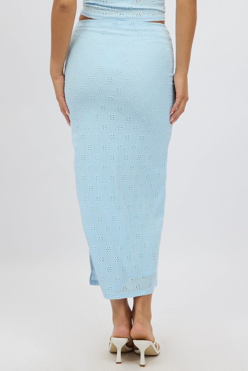 Blue Midaxi Skirt High Rise Stretch Eyelet