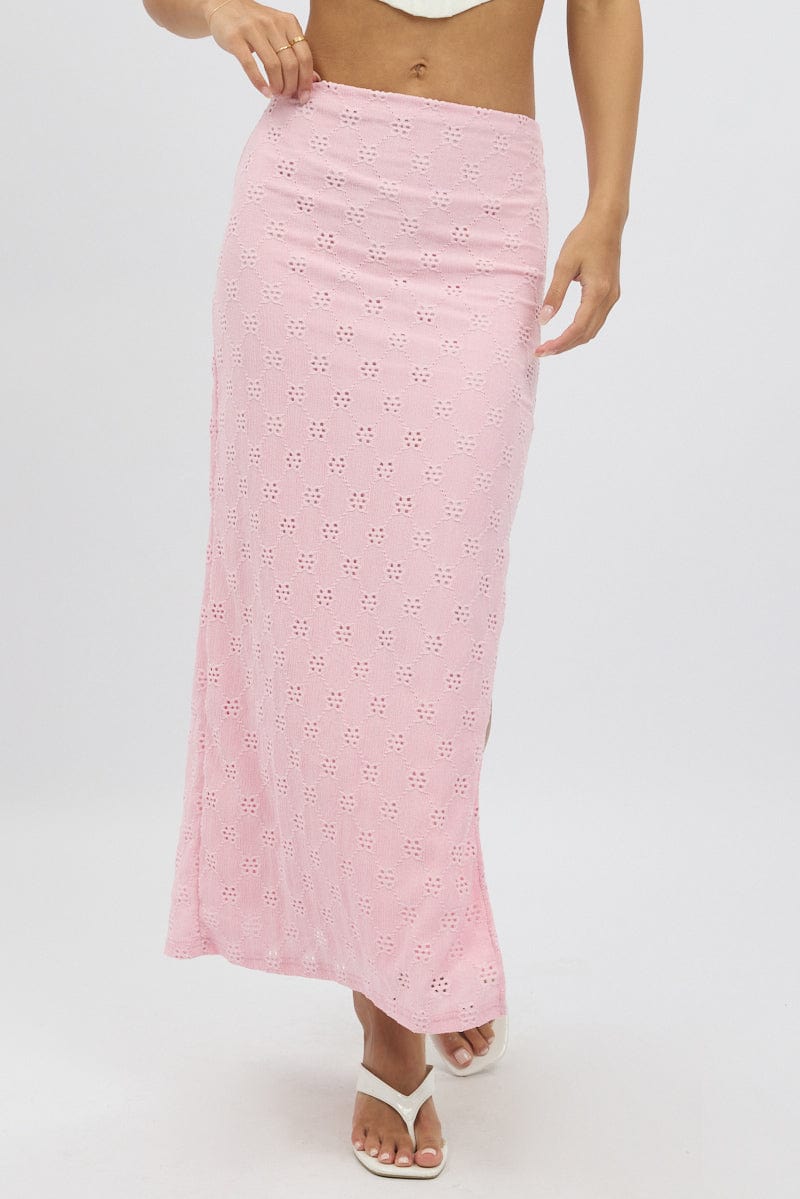 Pink Midaxi Skirt High Rise Stretch Eyelet