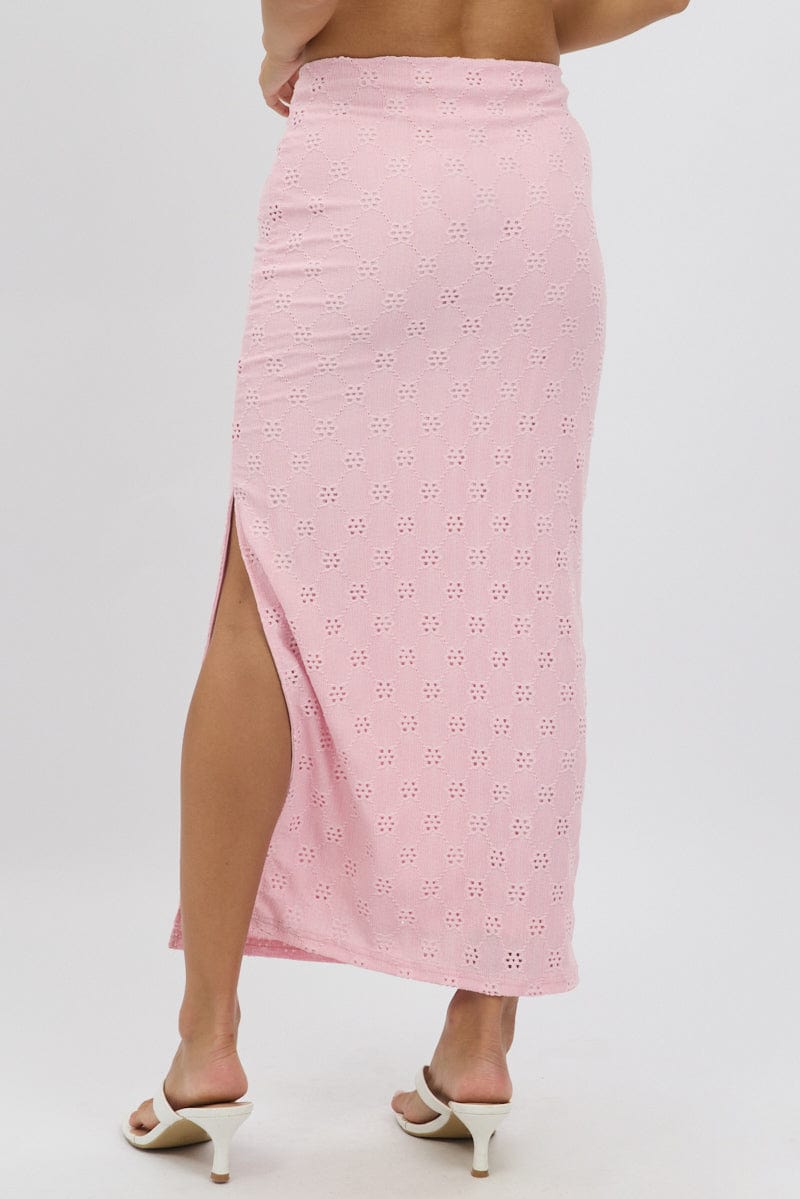 Pink Midaxi Skirt High Rise Stretch Eyelet