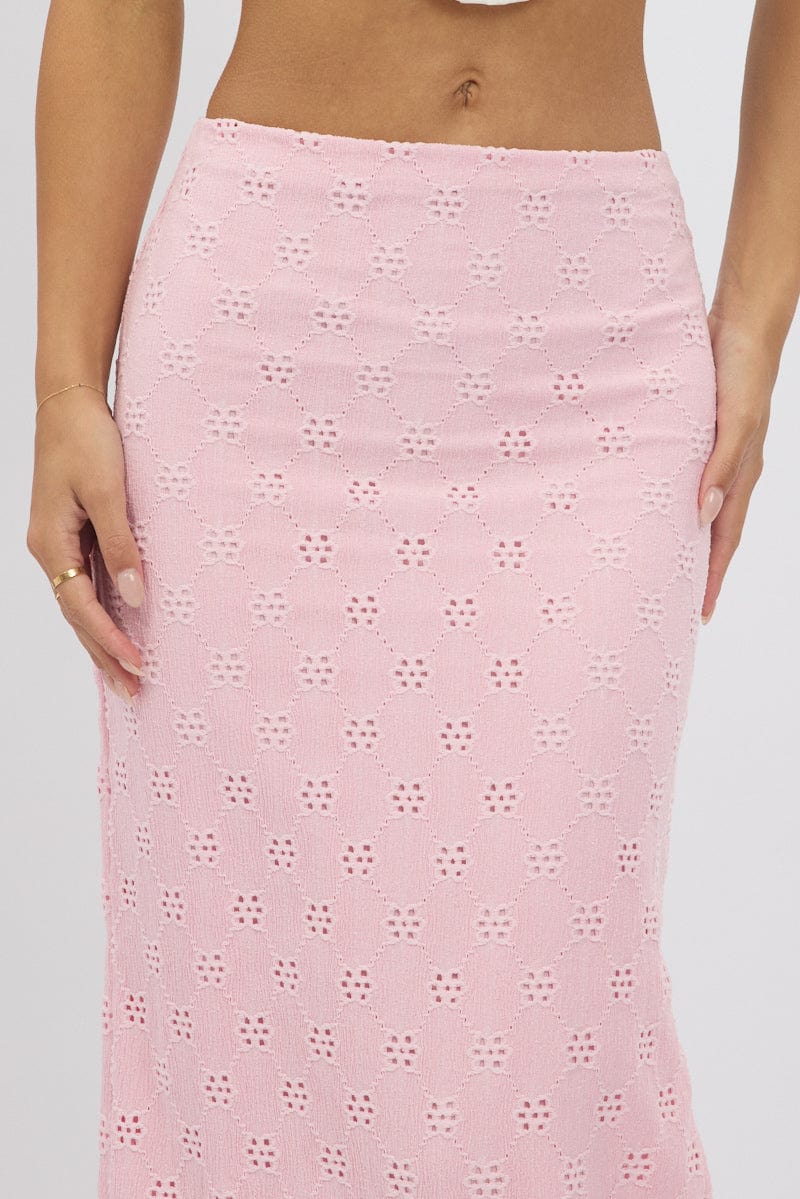 Pink Midaxi Skirt High Rise Stretch Eyelet