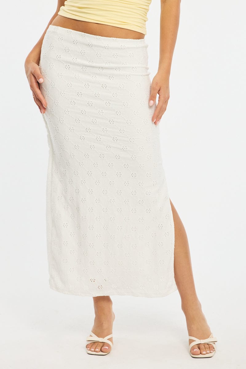 White Midaxi Skirt Elastic Waisthigh Rise Stretch Eyelet