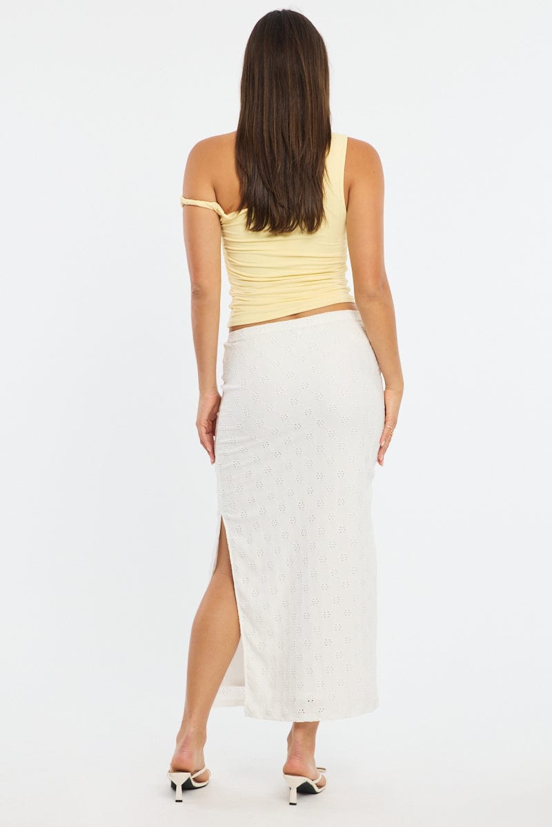 White Midaxi Skirt Elastic Waisthigh Rise Stretch Eyelet