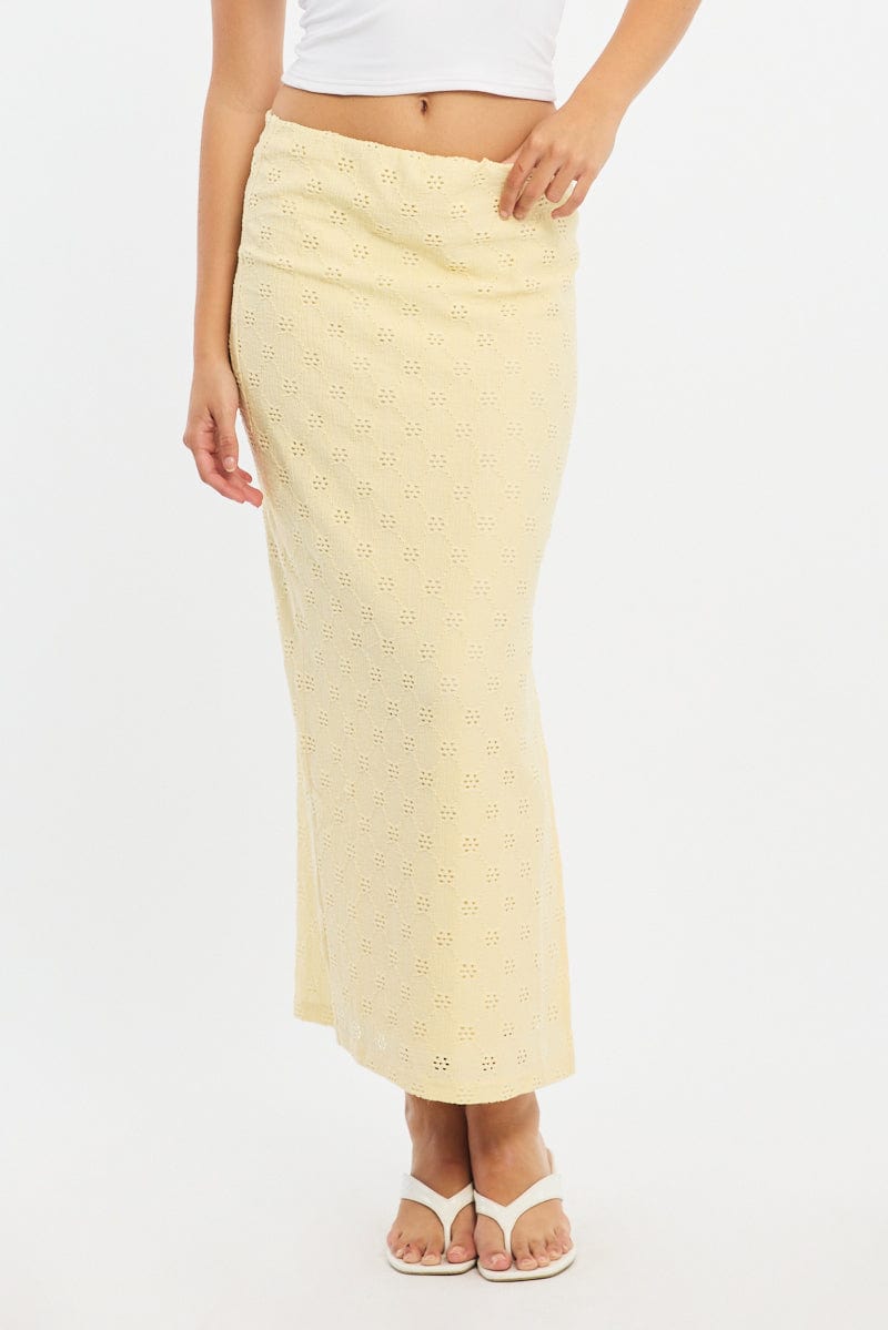 Yellow Midaxi Skirt Elastic Waisthigh Rise Stretch Eyelet