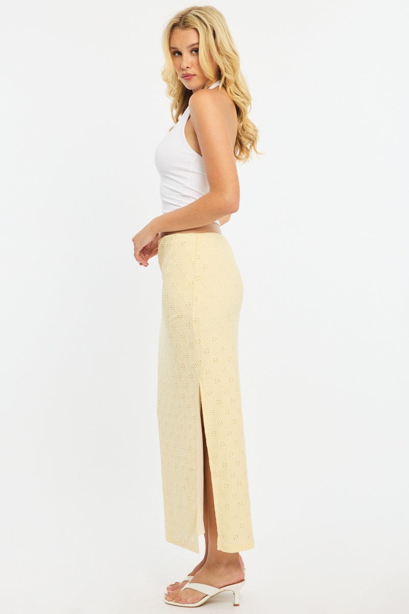 Yellow Midaxi Skirt Elastic Waisthigh Rise Stretch Eyelet