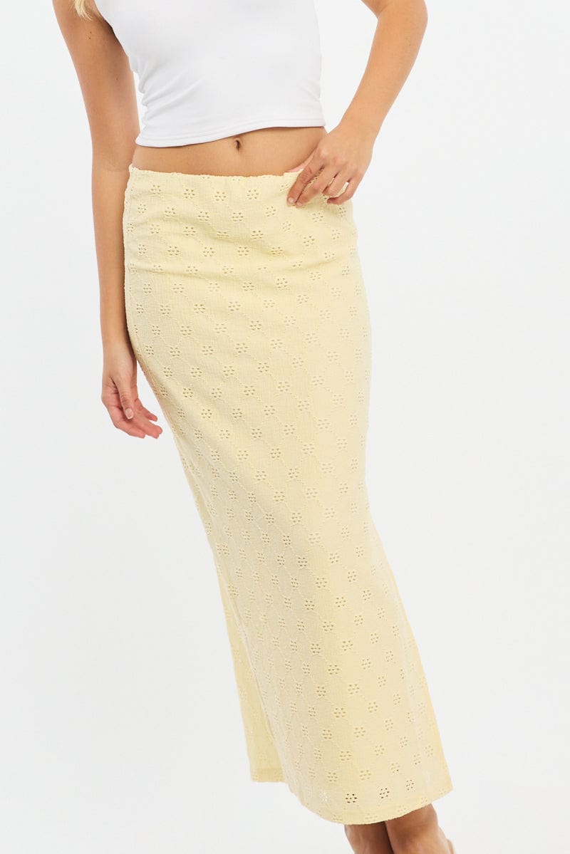 Yellow Midaxi Skirt Elastic Waisthigh Rise Stretch Eyelet