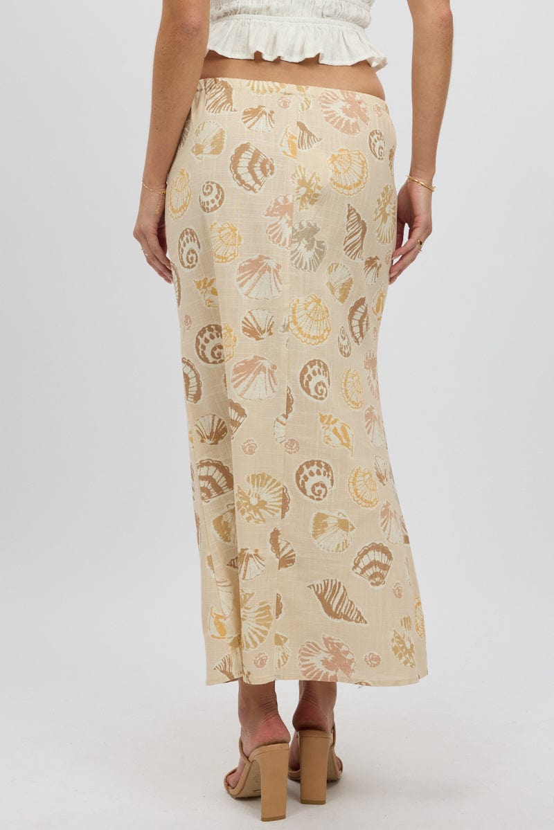 Beige Abstract Midaxi Skirt Relaxed Fit Elastic Waist
