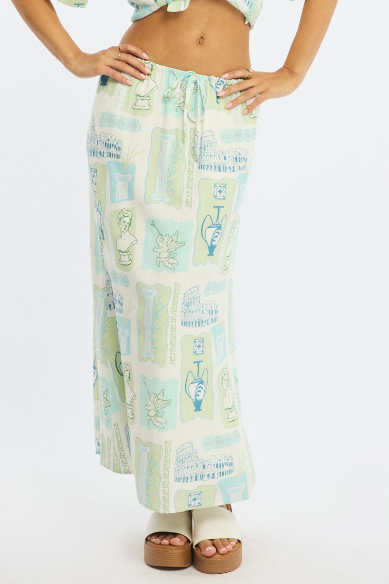 Green Abstract Midaxi Skirt Relaxed Fit Elastic Waist