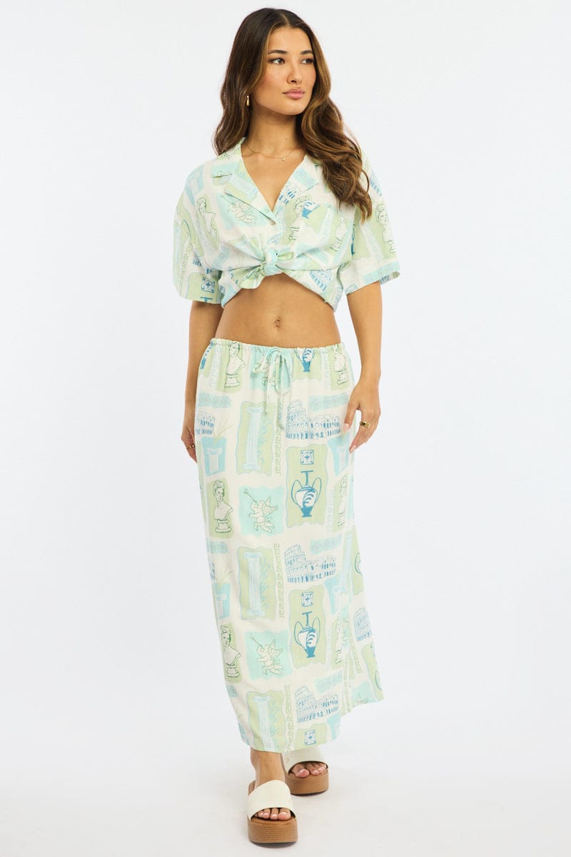 Green Abstract Midaxi Skirt Relaxed Fit Elastic Waist