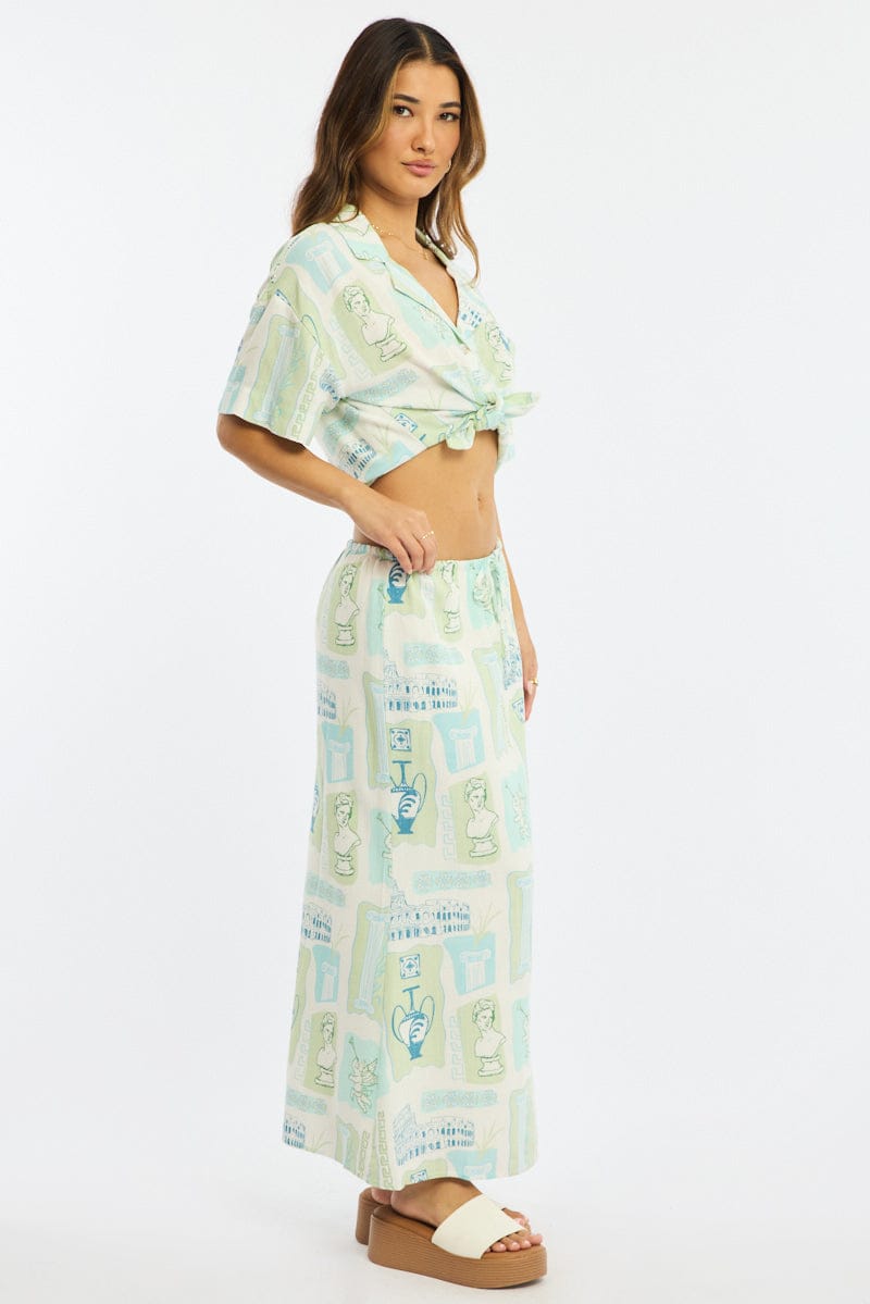 Green Abstract Midaxi Skirt Relaxed Fit Elastic Waist