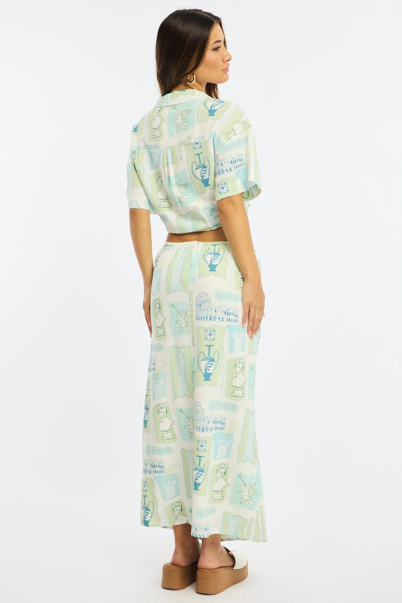 Green Abstract Midaxi Skirt Relaxed Fit Elastic Waist