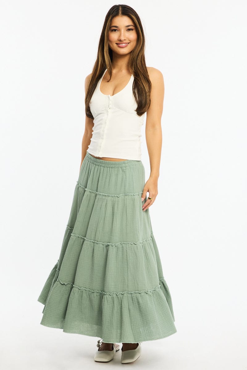 Green Midi Skirt Tiered High Rise Lined