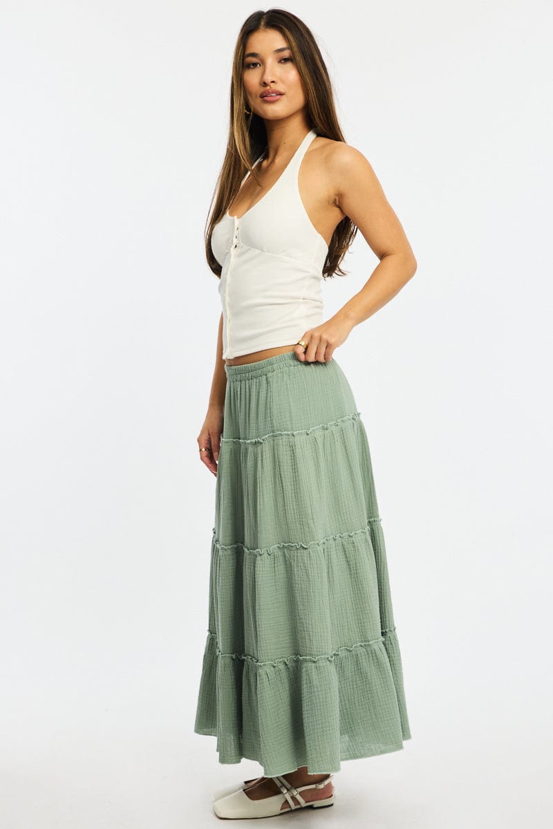 Green Midi Skirt Tiered High Rise Lined