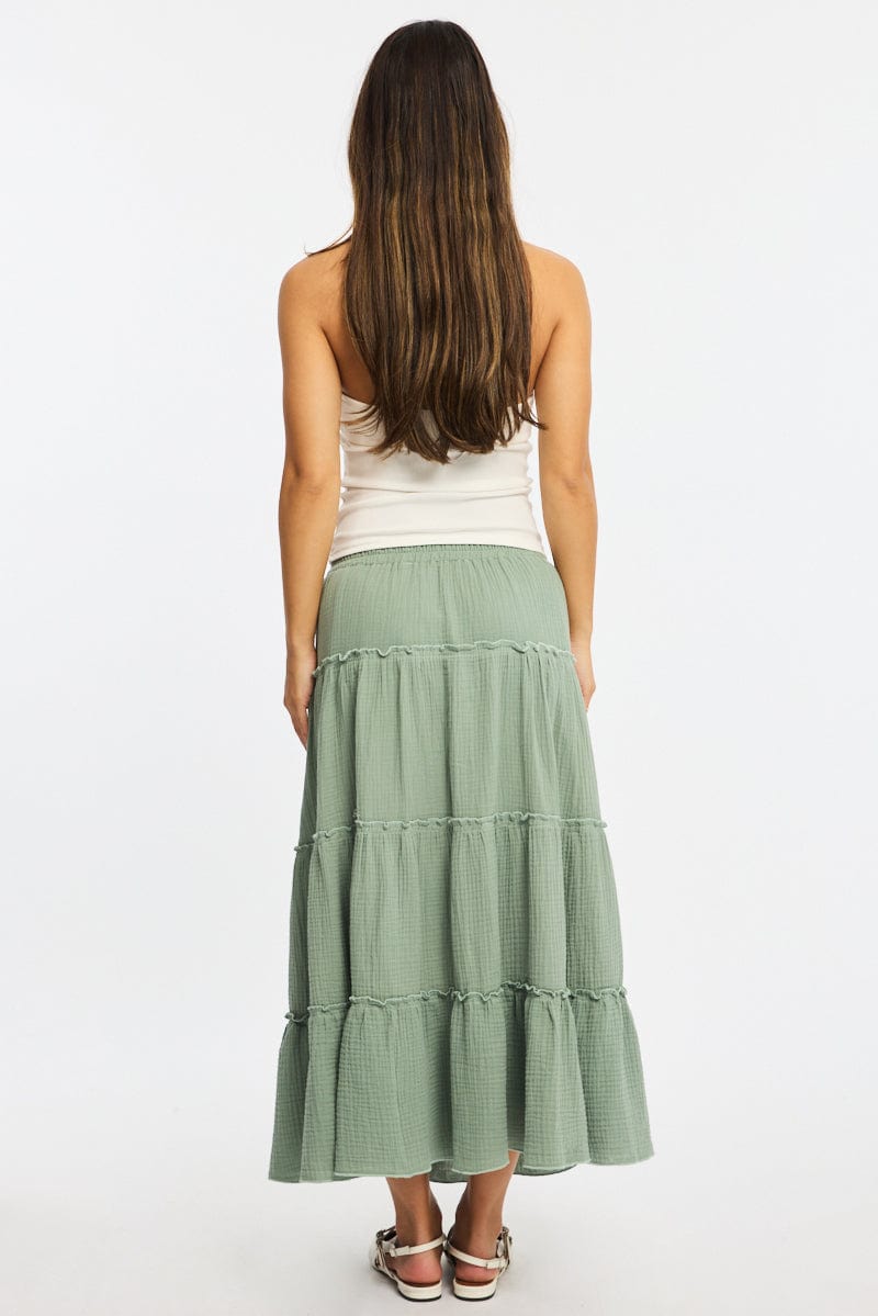 Green Midi Skirt Tiered High Rise Lined