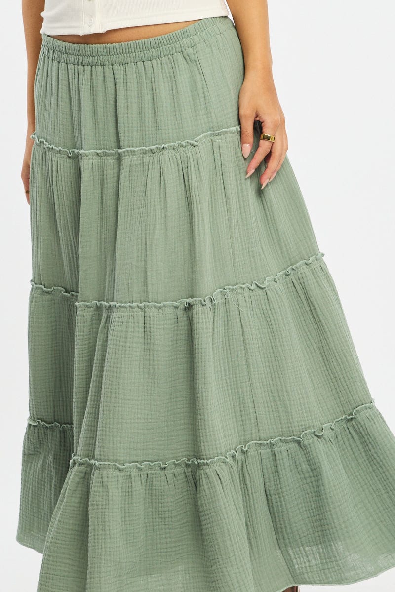 Green Midi Skirt Tiered High Rise Lined
