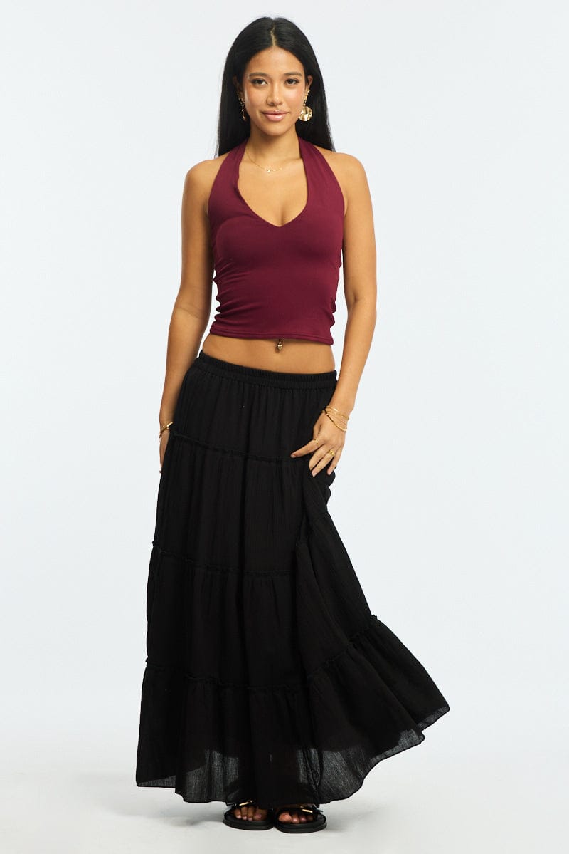 Black Midi Skirt Tiered High Rise Lined Textured
