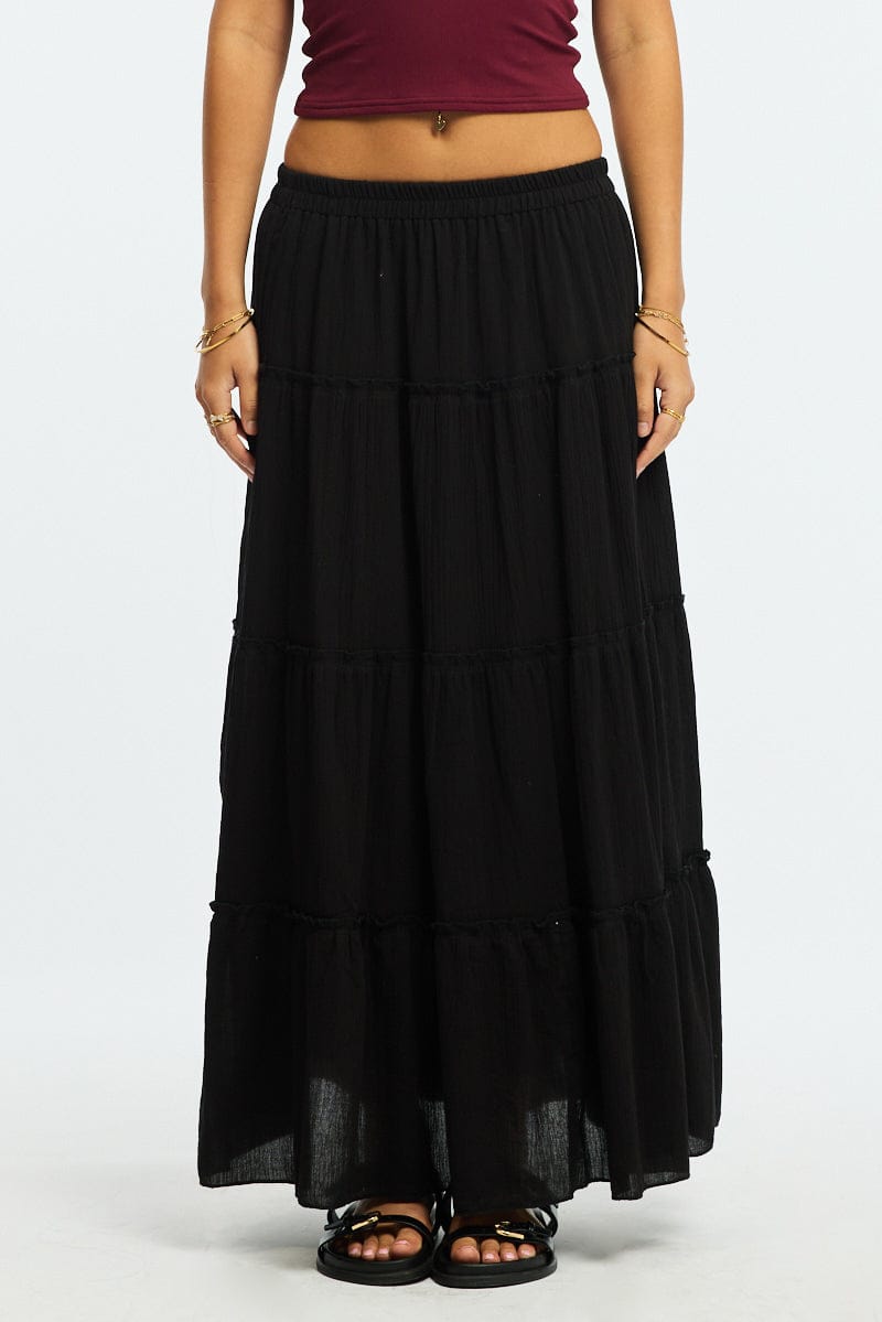 Black Midi Skirt Tiered High Rise Lined Textured