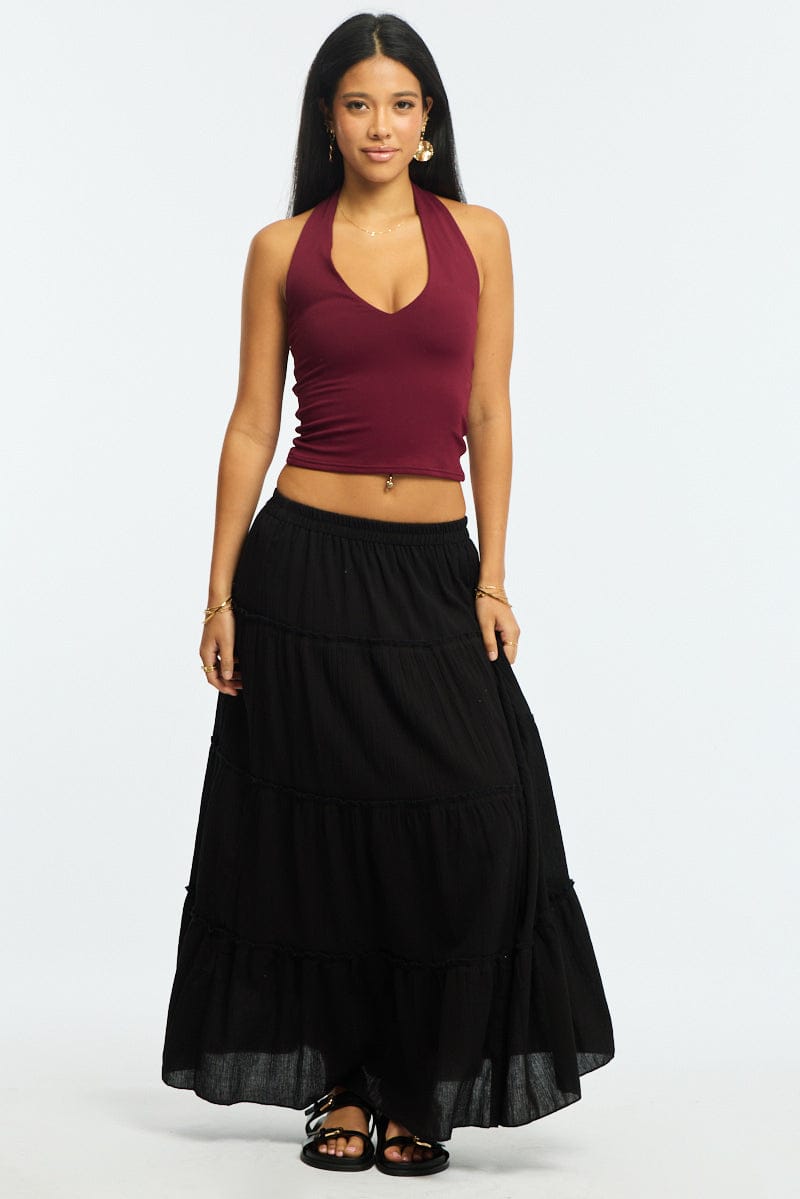 Black Midi Skirt Tiered High Rise Lined Textured