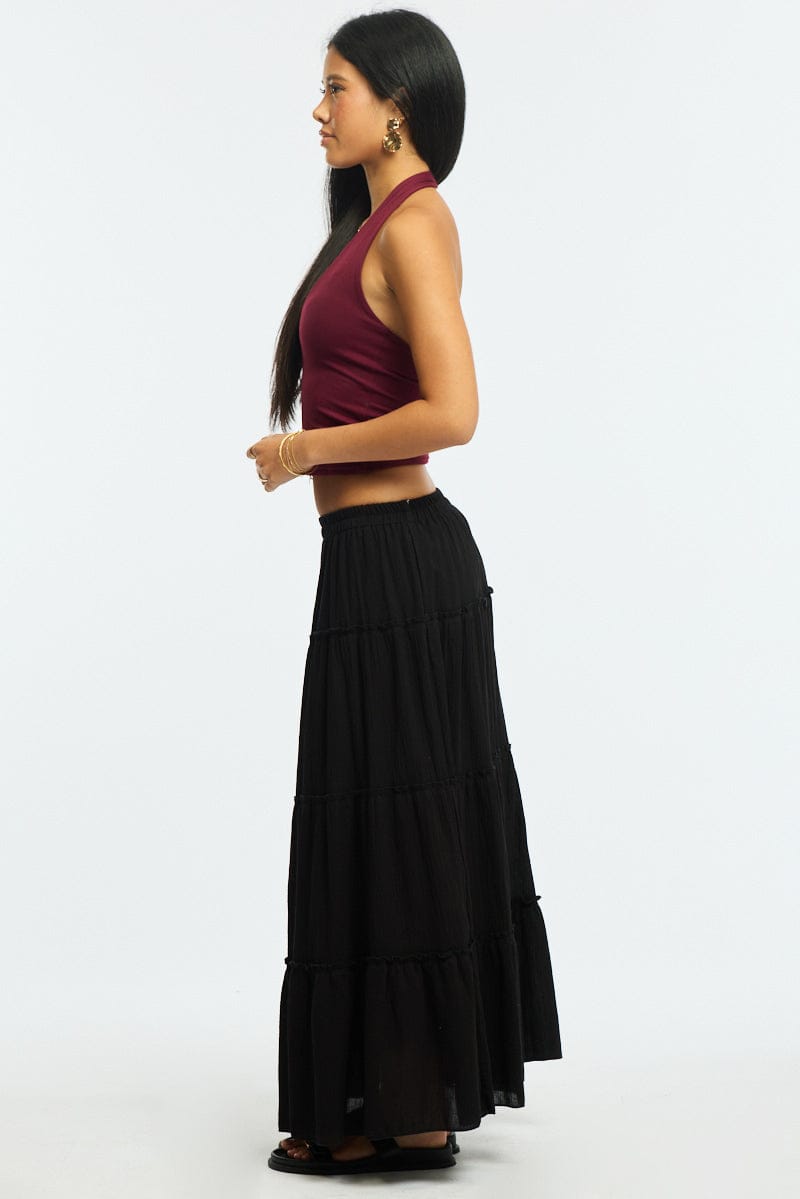 Black Midi Skirt Tiered High Rise Lined Textured