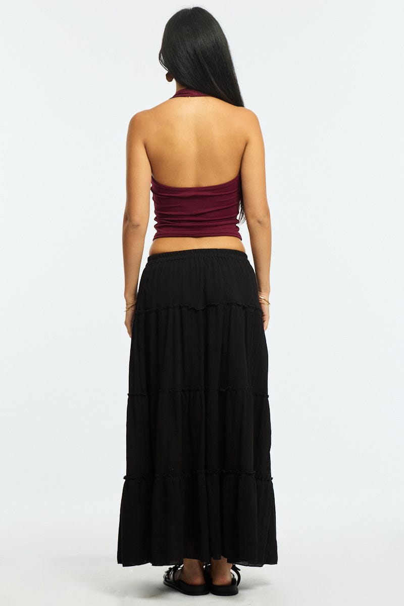 Black Midi Skirt Tiered High Rise Lined Textured