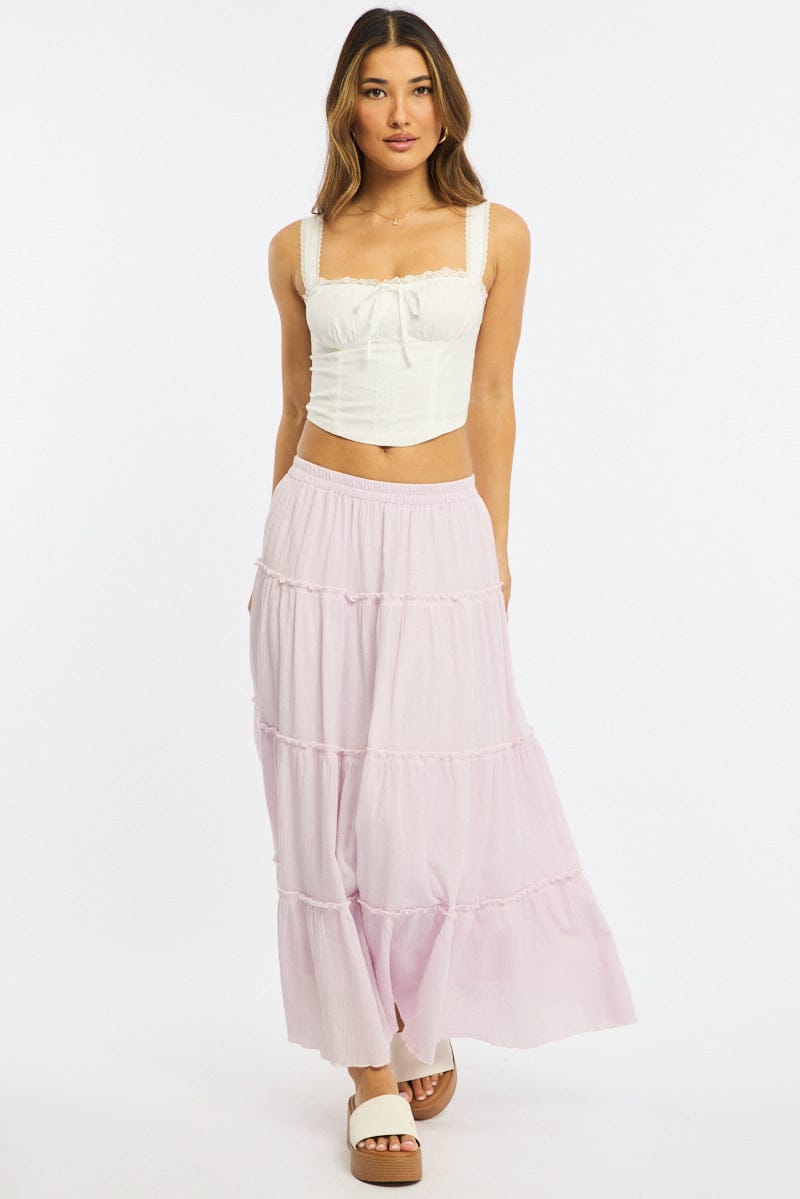 Pink Midi Skirt Tiered High Rise Lined Textured