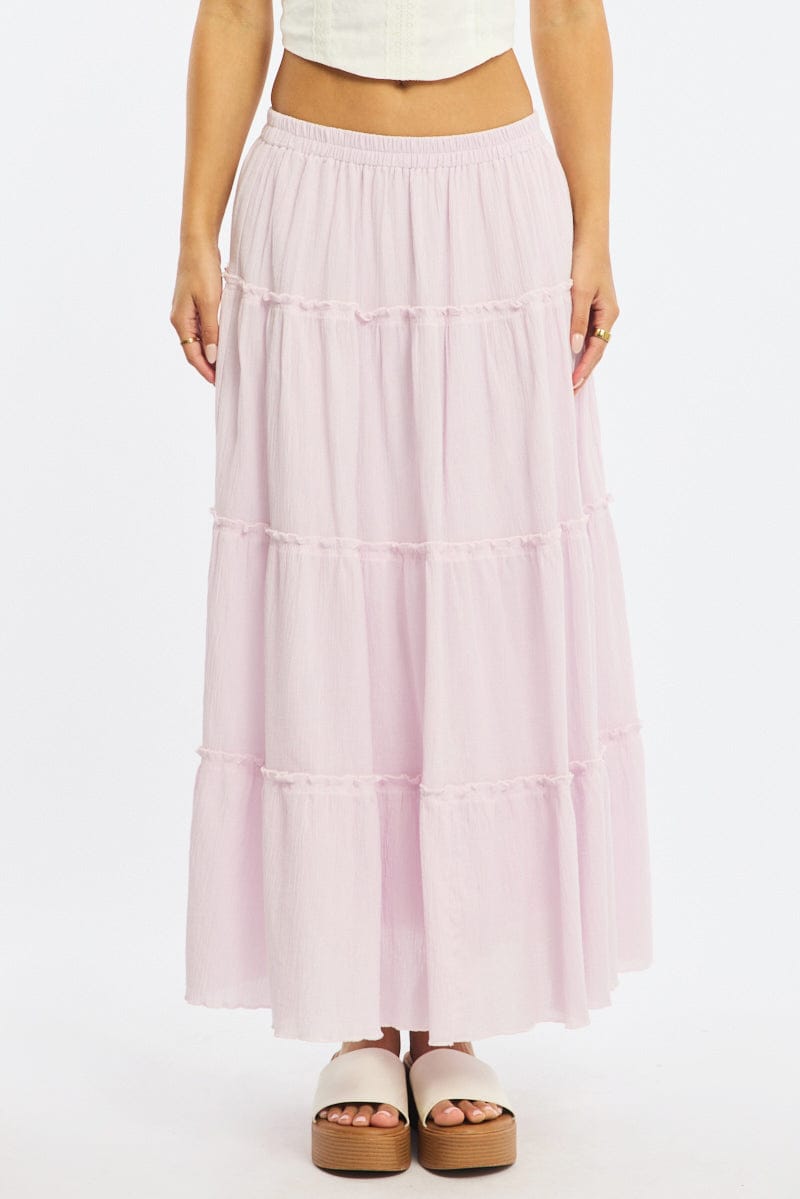 Pink Midi Skirt Tiered High Rise Lined Textured