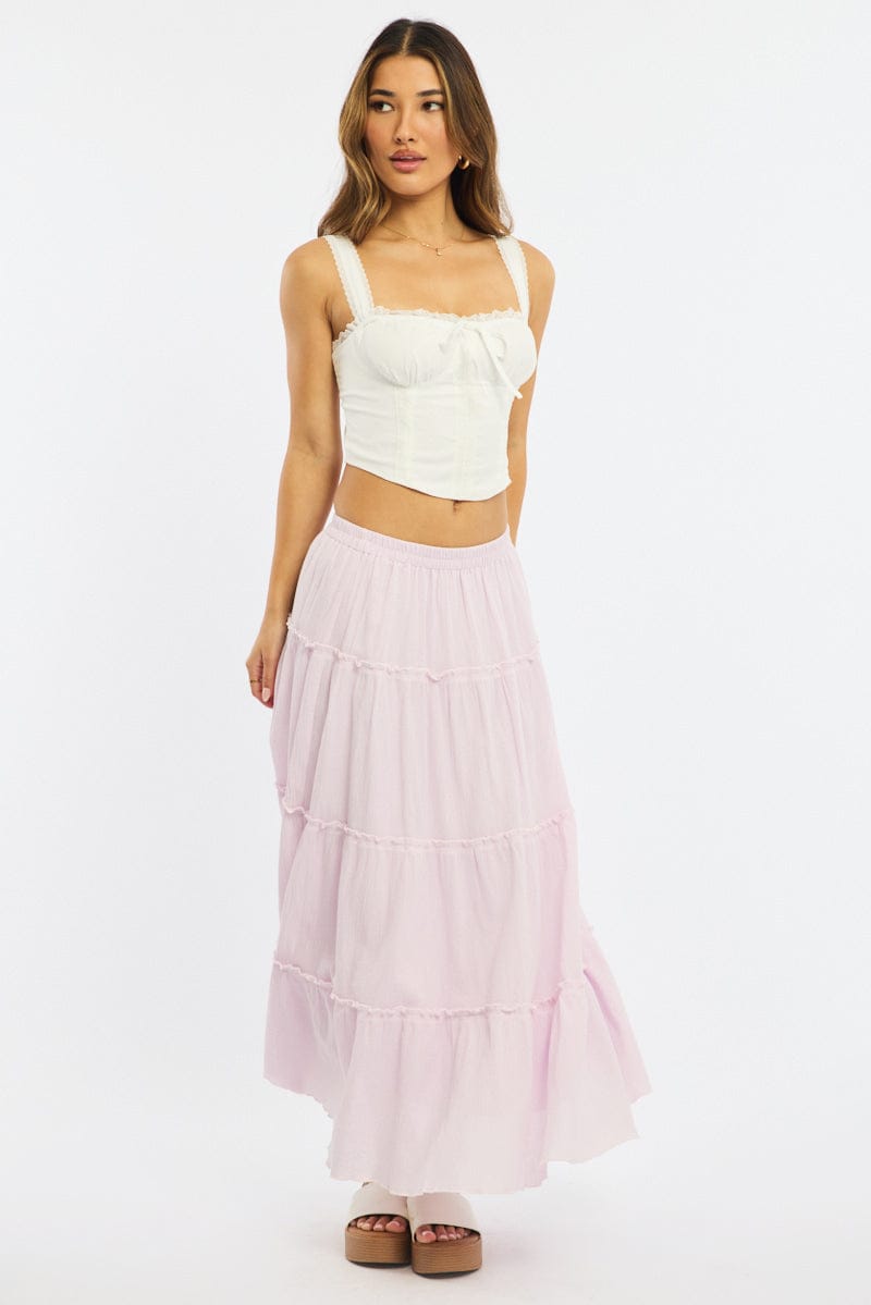 Pink Midi Skirt Tiered High Rise Lined Textured
