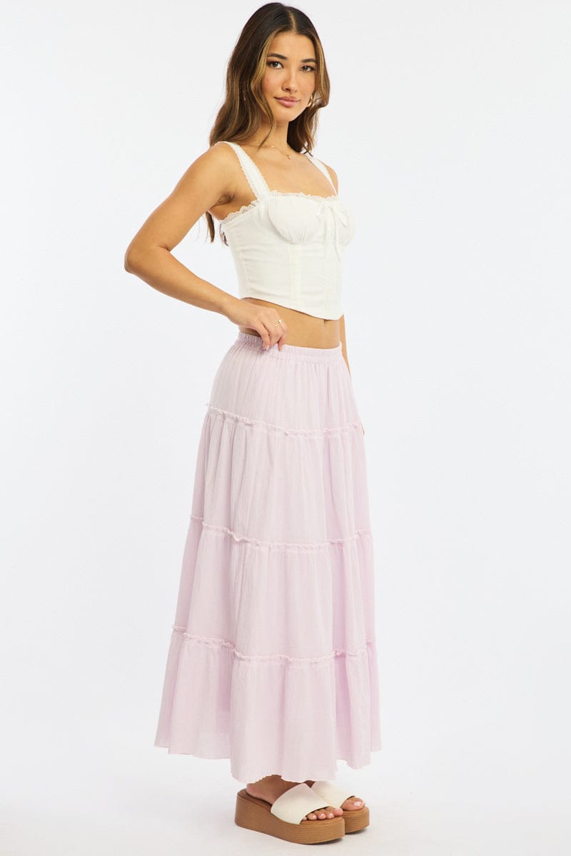 Pink Midi Skirt Tiered High Rise Lined Textured