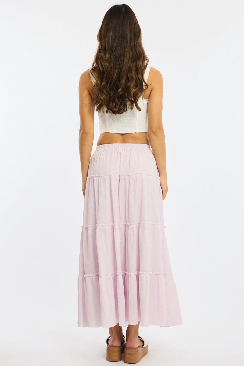 Pink Midi Skirt Tiered High Rise Lined Textured