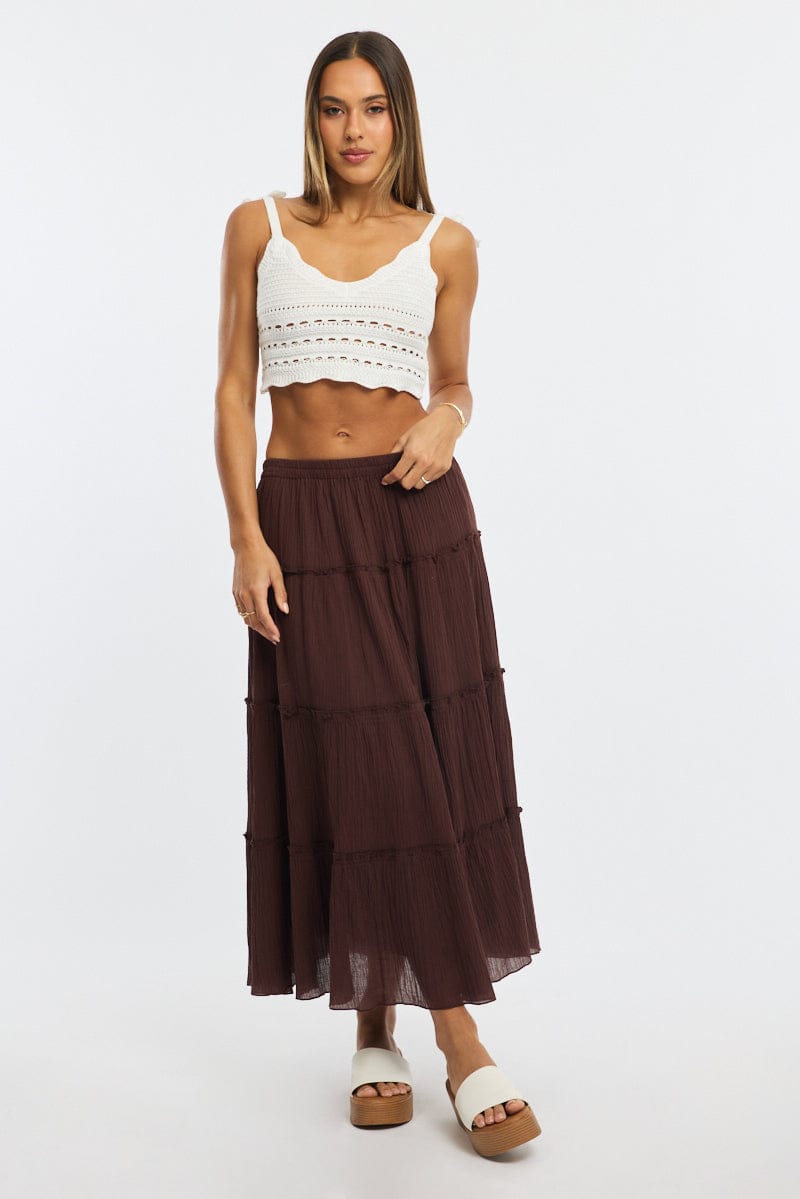 Brown Midi Skirt Tiered High Rise Lined Textured